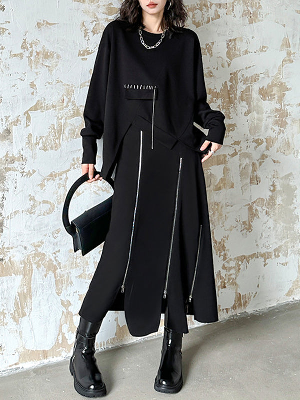 Asymmetric Long Sleeves Loose Round-Neck Sweatshirt Tops