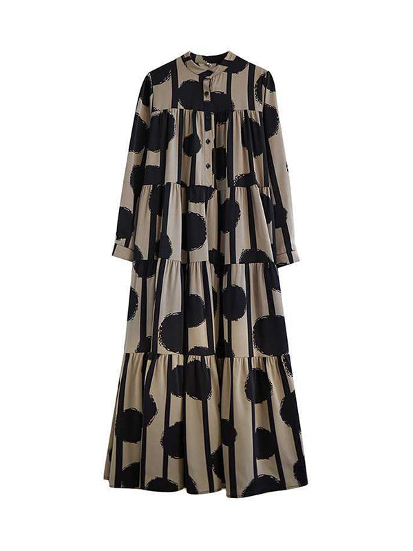 Buttoned Pleated Polka-Dot Split-Joint A-Line Long Sleeves Stand Collar Shirt Dress Maxi Dresses