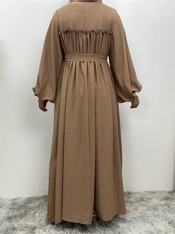 Elasticity Muslim Pleated Solid Color Split-Joint Tied Waist Bishop Sleeve Long Sleeves Round-Neck Maxi Dresses