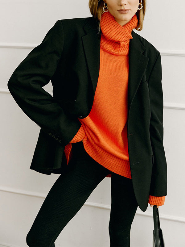 Casual Long Sleeves Loose Solid Color High-Neck Sweater Tops
