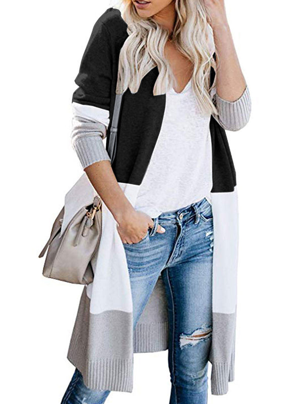Contrast Color Long Sleeves Loose V-Neck Cardigan Tops