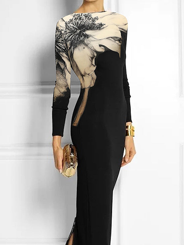 Floral Printed Long Sleeves Skinny Boat Neck Maxi Dresses