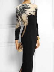 Floral Printed Long Sleeves Skinny Boat Neck Maxi Dresses