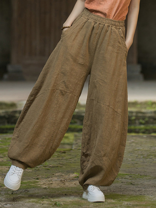 Elasticity Pockets Solid Color Split-Joint Loose Pants Cropped Trousers