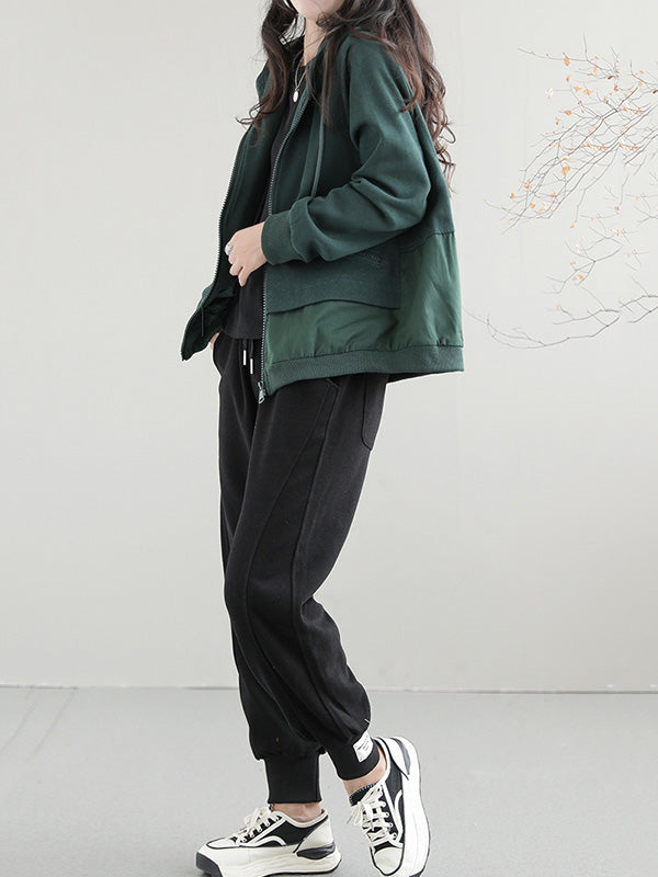 Artistic Retro Loose Long Sleeves Solid Color Zipper Hooded Outerwear