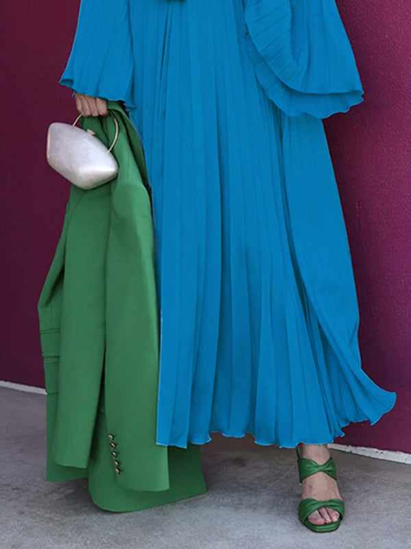 Pleated Ruffled Solid Color Split-Joint Flared Sleeves Loose High Neck Maxi Dresses