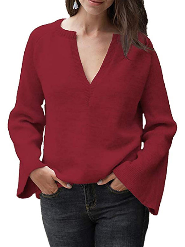 Casual Long Sleeves Loose Solid Color V-Neck Sweater Tops