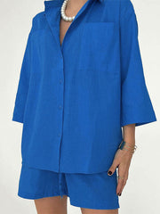 Drawstring Elasticity High-Waisted Solid Color Split-Joint Long Sleeves Loose Lapel Two Pieces Set