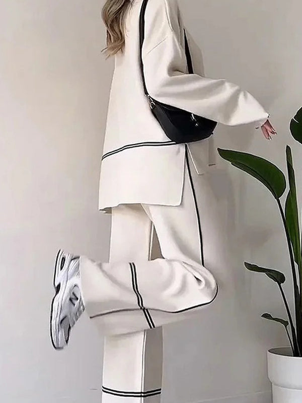 Contrast Color Split-Side High-Low Round-Neck Sweater Top + High Waisted Pants Bottom Two Pieces Set