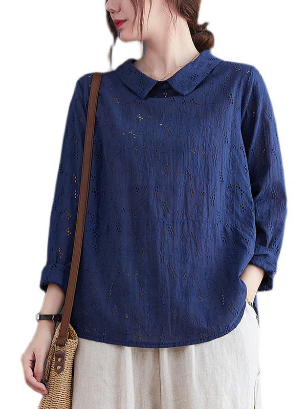 Loose 3 Colors Embroidered Hollow Lapel Collar Long Sleeves T-Shirt