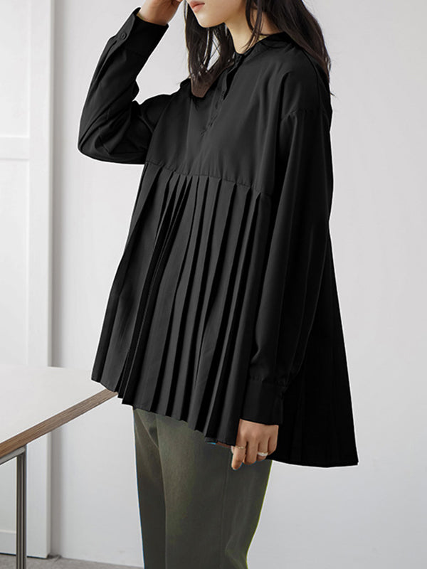 Buttoned Pleated Solid Color Long Sleeves Loose Round-Neck Blouses&Shirts Tops