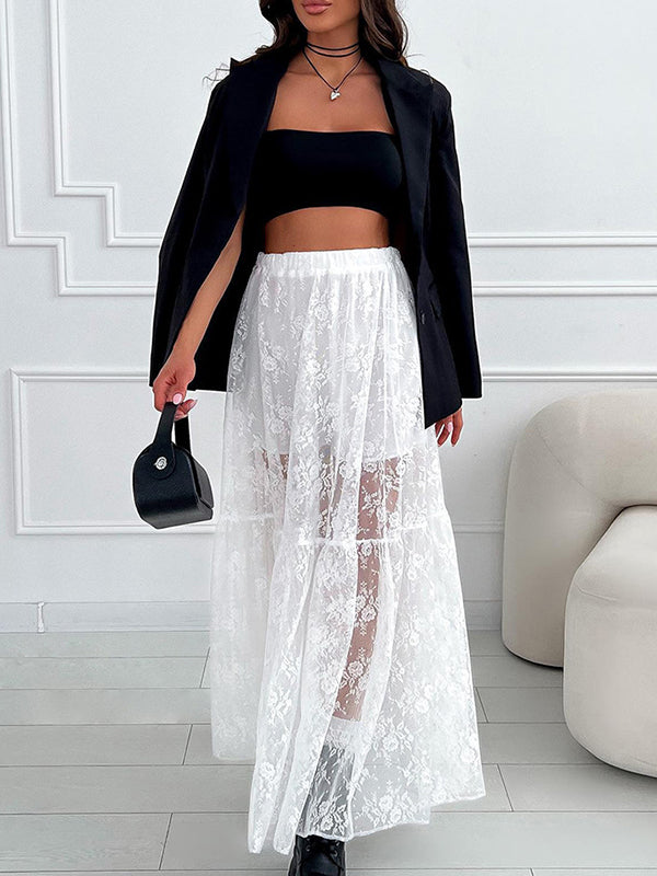Elasticity See-Through Split-Joint A-Line Loose Skirts Bottoms