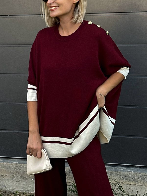 Buttoned Split-Side High-Low Long Sleeves Round-Neck Sweater Tops Pullovers