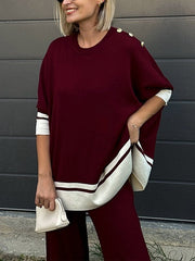 Buttoned Split-Side High-Low Long Sleeves Round-Neck Sweater Tops Pullovers