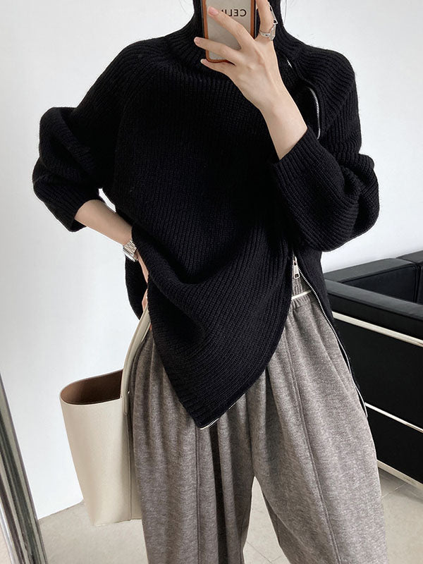 Urban Loose Long Sleeves Split-Side Solid Color Zipper Halter-Neck Sweater Tops