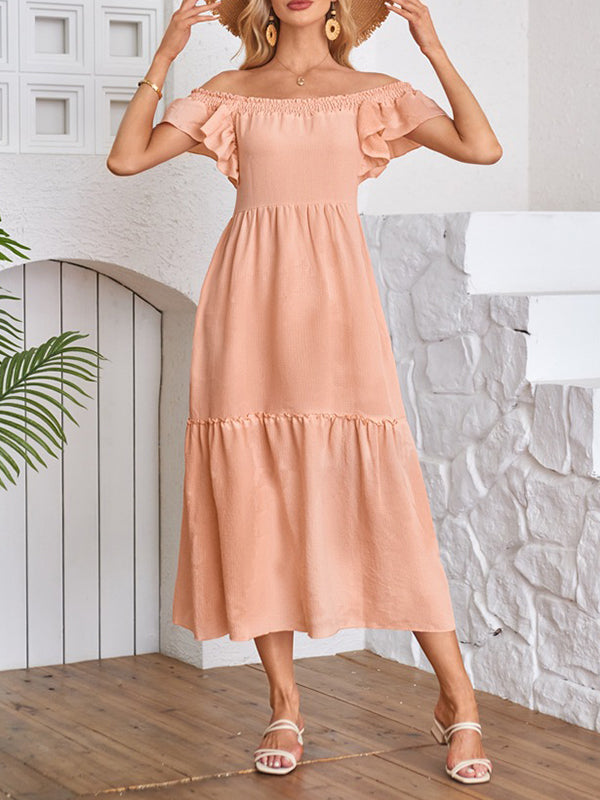 Elasticity Pleated Ruffled Solid Color Split-Joint A-Line Loose Off-The-Shoulder Midi Dresses