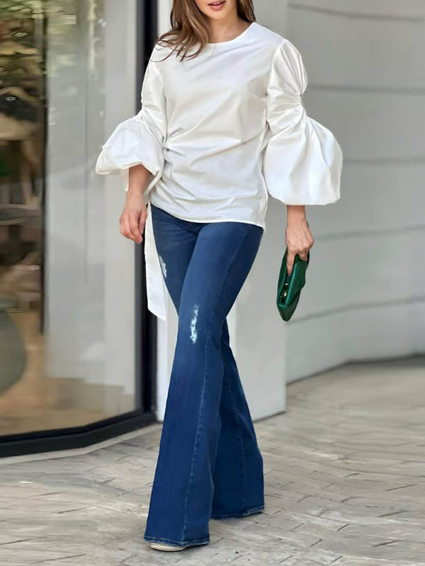 Hollow Solid Color Long Sleeves Puff Sleeves Round-neck T-shirts