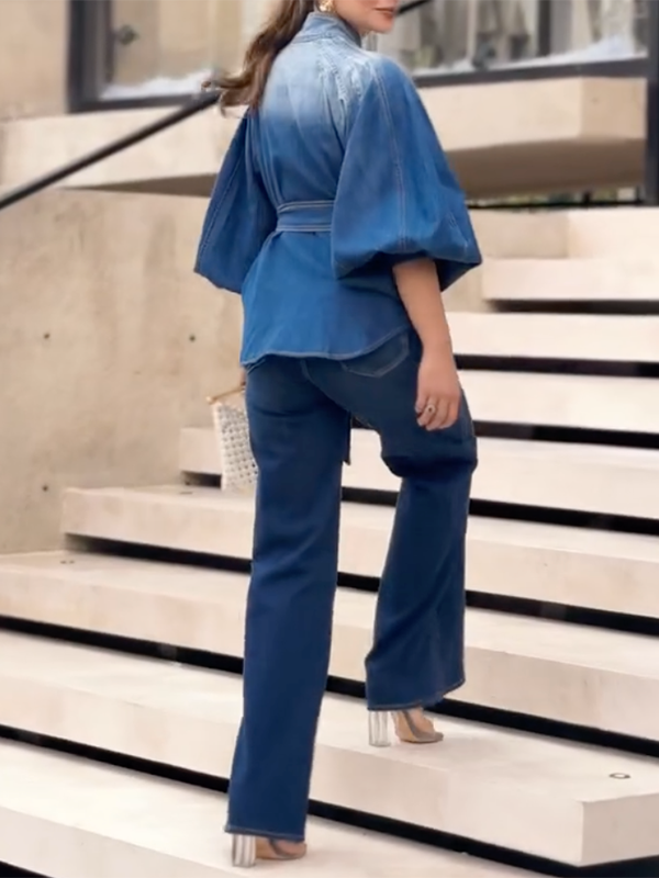 Buttoned Gradient Tied Waist Half Sleeves Puff Sleeves Stand Collar Blouses&Shirts Tops