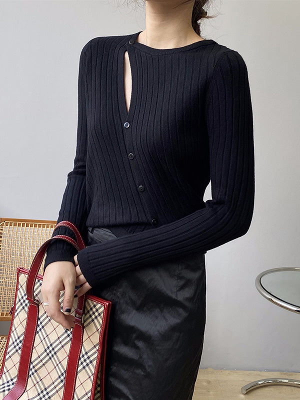Asymmetric Solid Color Round-Neck Sweater Top