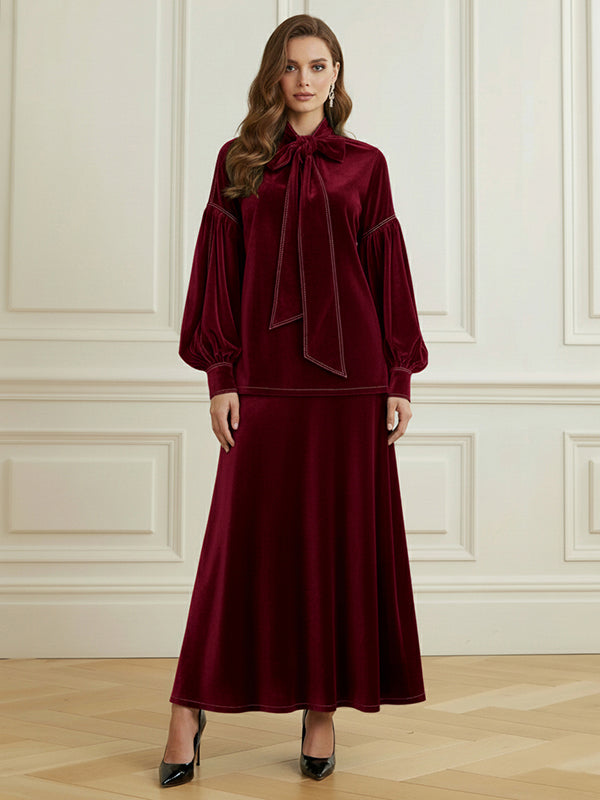 Long Sleeves Puff Sleeves Bow-Embellished Pleated Solid Color Split-Joint Tied Half Turtleneck Blouses&Shirts Tops
