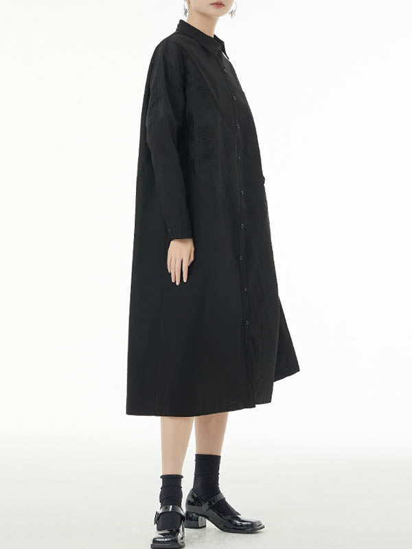 Asymmetric Buttoned Printed A-line Long Sleeves Lapel Shirt Dress Midi Dresses