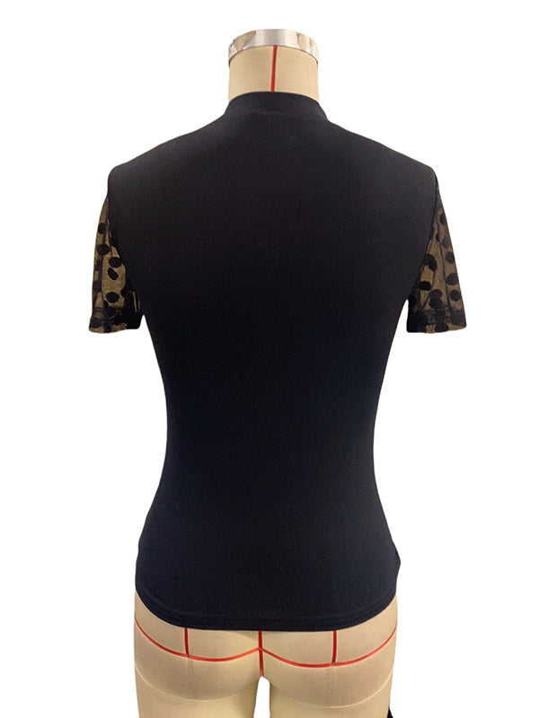 Mesh Polka-Dot See-Through Split-Joint Loose Short Sleeves Round-Neck T-Shirts Tops