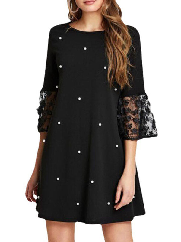 Mesh Polka-Dot Split-Joint Three-Dimensional Flower A-line Loose Round-neck Mini Dresses