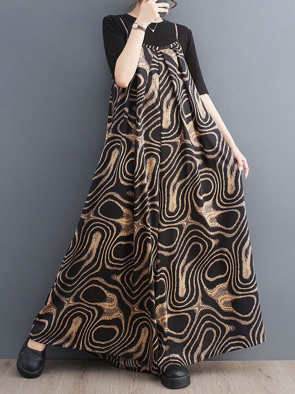 Printed Loose Wide Leg Spaghetti-Neck Overalls