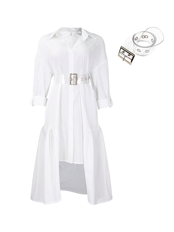 Pleated Split-Joint Tied Waist High-Low Loose Lapel Shirt Dress Midi Dresses