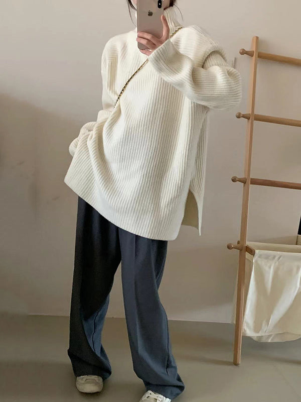 Solid Color Split-Joint Split-Side Long Sleeves Loose High Neck Sweater