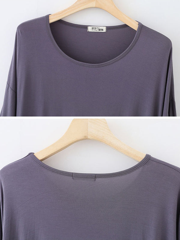 Solid Color Split-Joint High Waisted Loose Round-Neck Pajama Dress