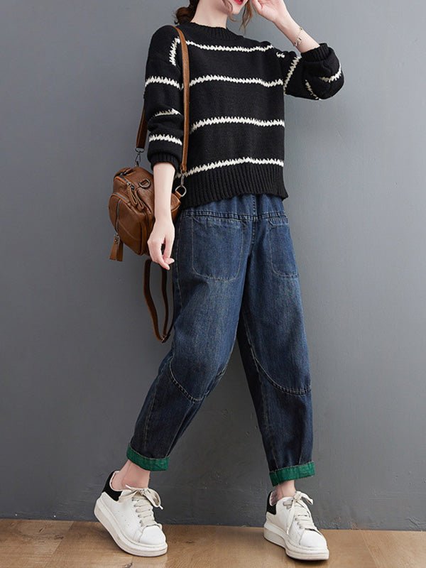 Casual Loose Long Sleeves Striped Round-Neck Sweater Tops