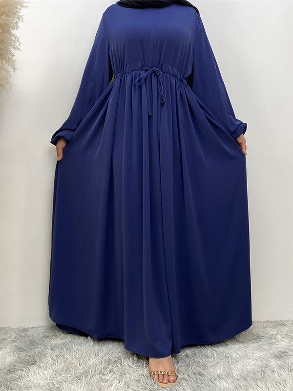 Drawstring Elasticity Muslim Pleated Solid Color Zipper Long Sleeves Loose Round-Neck Maxi Dresses