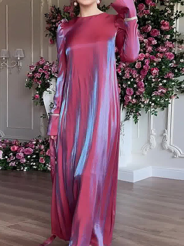 Pleated Solid Color Tied Waist Zipper A-Line Long Sleeves Round-Neck Maxi Dresses