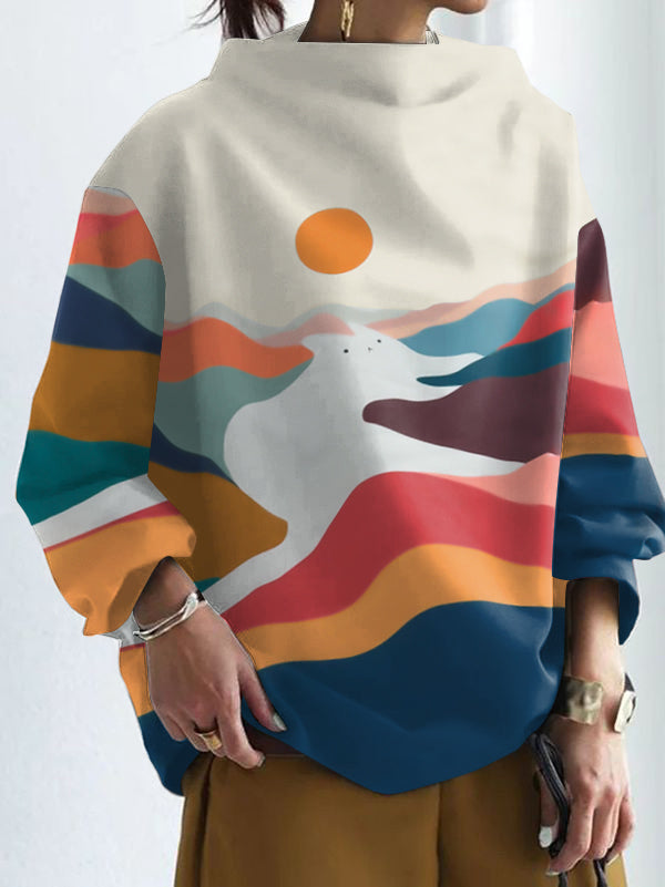 Printed Split-Joint Long Sleeves Loose High Neck Sweatershirt
