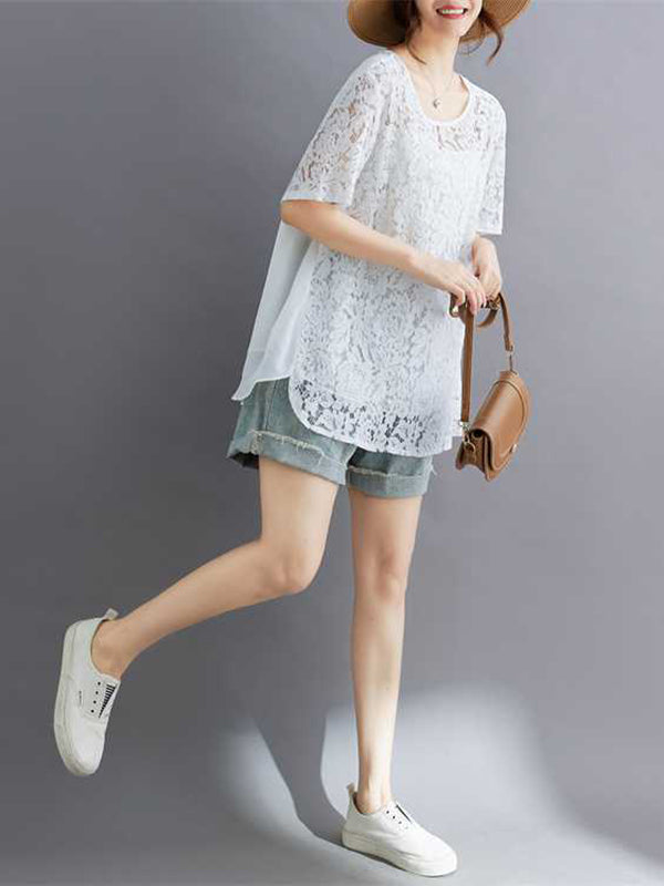 Hollow Solid Color Split-Back Split-Joint Loose Plus Size Round-Neck T-Shirts Tops