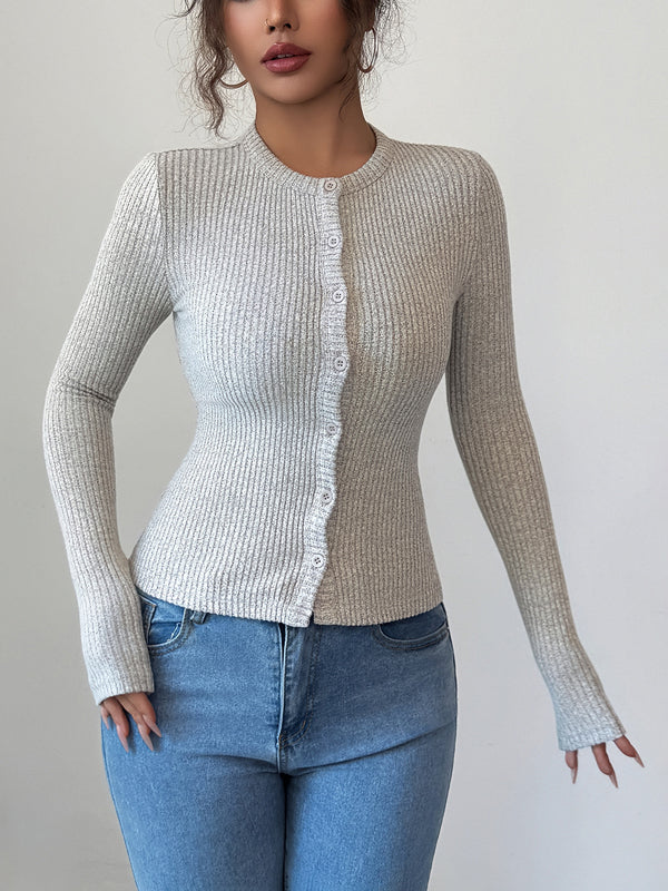 Buttoned Solid Color Long Sleeves Skinny Round-Neck Cardigan Tops