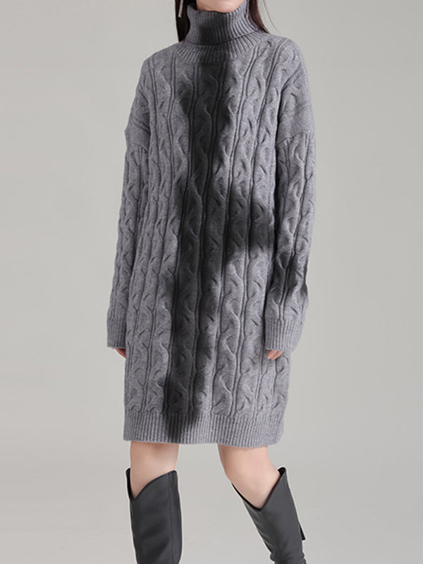 Contrast Color Long Sleeves Loose High Neck Sweater Dresses Mini Dresses