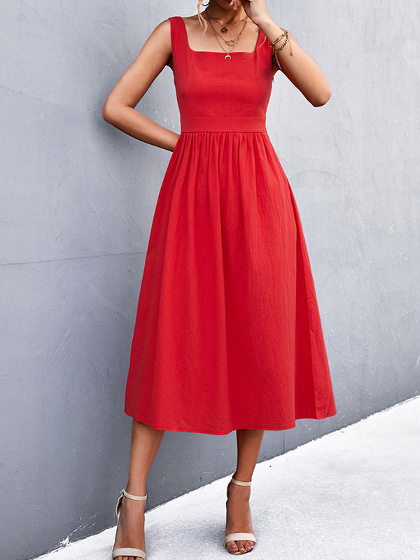 Pleated Solid Color Split-Joint High Waisted Sleeveless U-Neck Midi Dresses