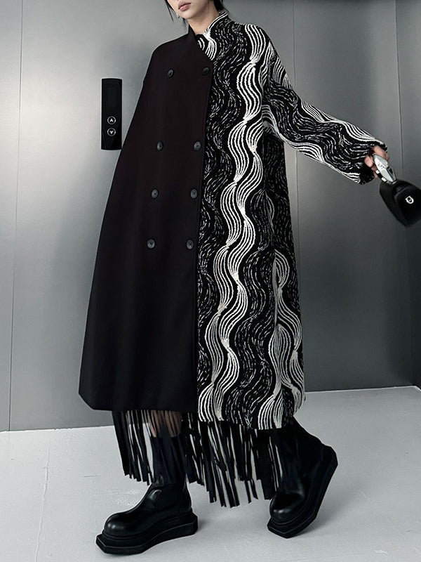 Buttoned Contrast Color Pockets Long Sleeves Loose Stand Collar Woolen Coat