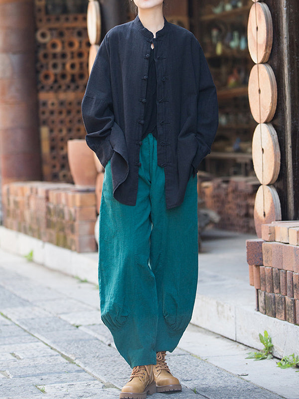Chinese Frog Buttons Pleated Solid Color Split-Joint Batwing Sleeves Loose Stand Collar Blouses