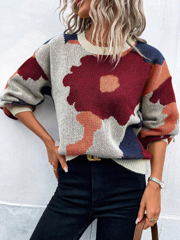 Asymmetric Knitted Flower Split-Joint Loose Puff Sleeves Round-Neck Sweater Tops