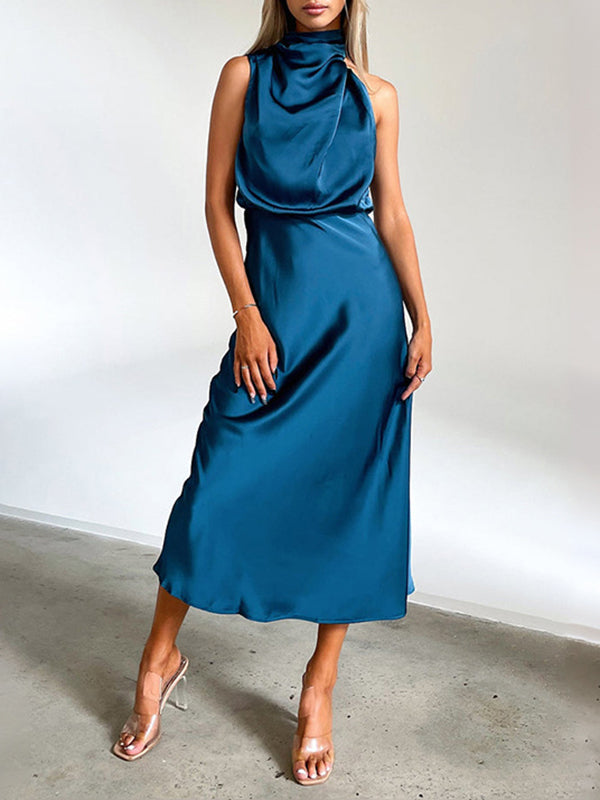 Solid Color High Waisted Sleeveless Halter-Neck Midi Dresses
