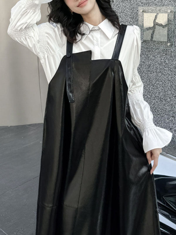 Asymmetric Pleated Solid Color Split-Joint A-Line Loose Square-Neck Slip Dress Midi Dresses