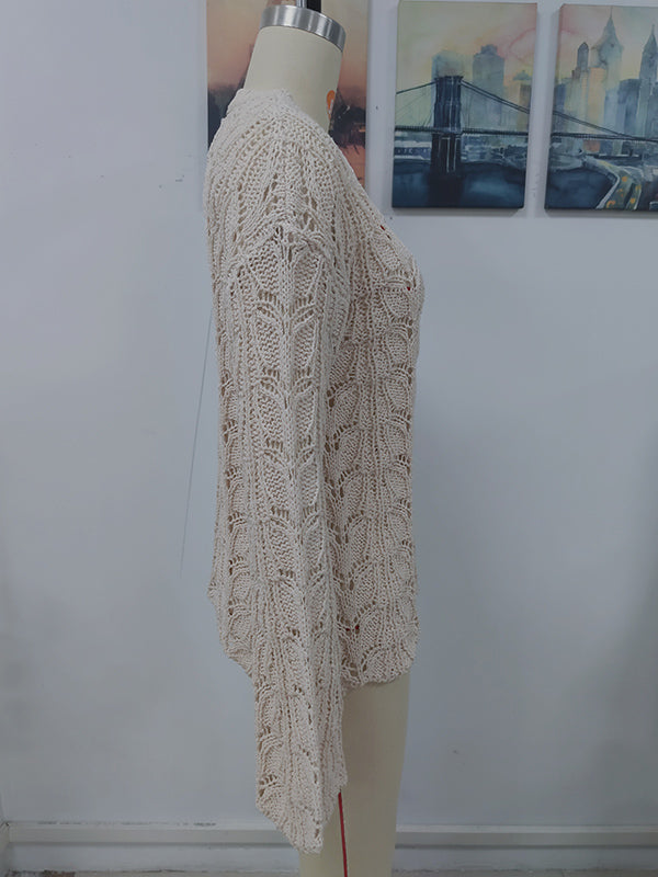 Original Creation Long Sleeves Loose Hollow Solid Color Round-Neck Sweater Tops