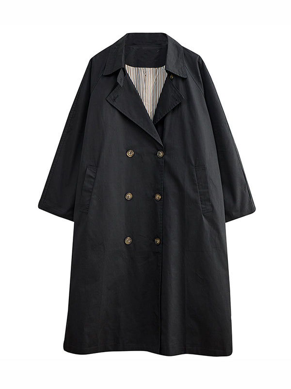 Buttoned Pockets Long Sleeves Loose Notched Collar Trench Coats