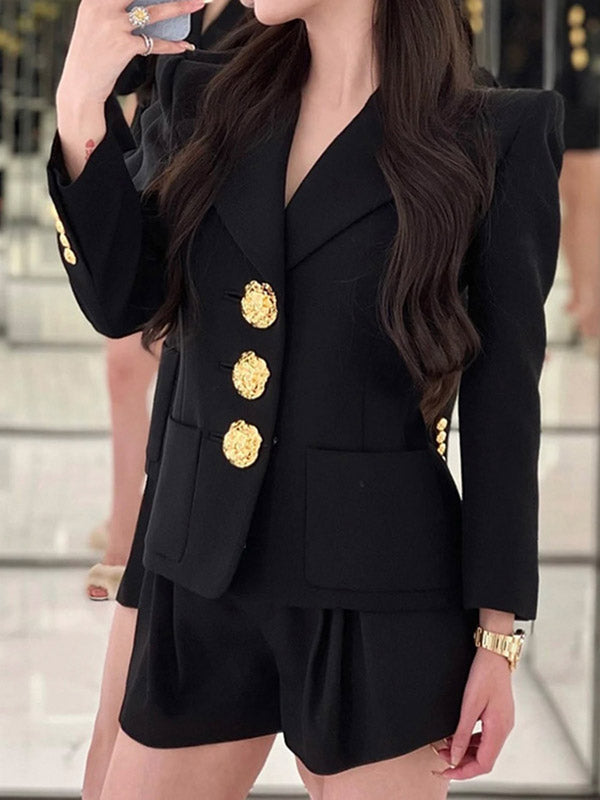 Buttoned Pockets Split-Joint Long Sleeves Loose Notched Collar Outerwear Blazer