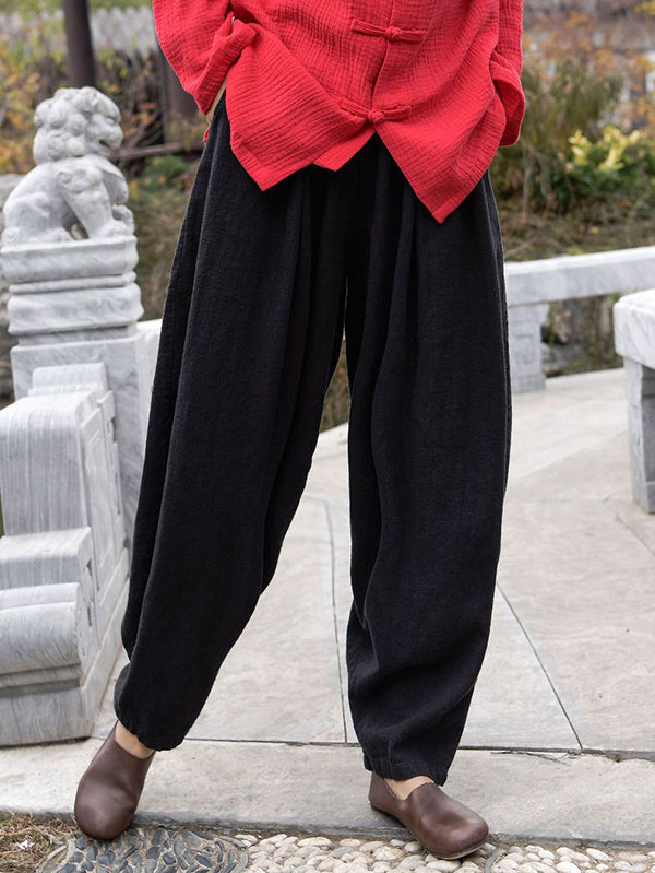 Simple Casual Loose Solid Color Ramie Cotton Pants