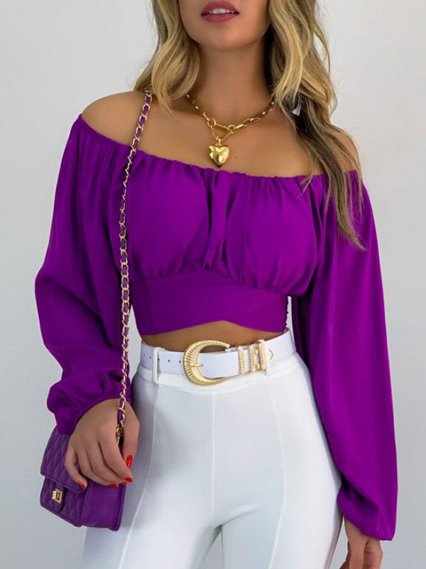 Elasticity Pleated Solid Color Long Sleeves Loose Off-the-shoulder Blouses