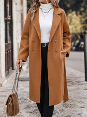 Buttoned Solid Color Split-Joint Tied Waist Long Sleeves Loose Notched Collar Woolen Coat